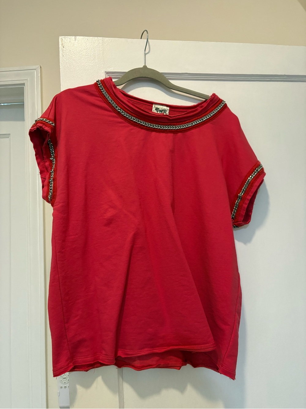 Vocal Red Short-Sleeve Top with Chain-Trim Neckline